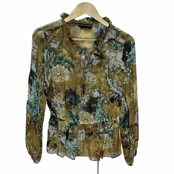 Hemant & Nandita Sheer  100% Silk Floral Peplum Blouse Top - Picture 1 of 6